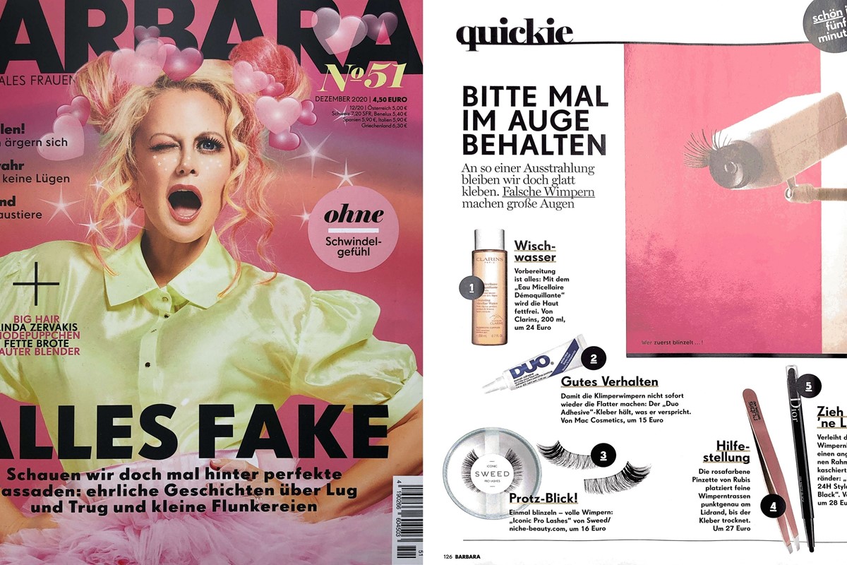 Das Lifestyle-Magazin BARBARA empfiehlt unsere Classic Pink Pinzette zum Anbringen von Fake Lashes