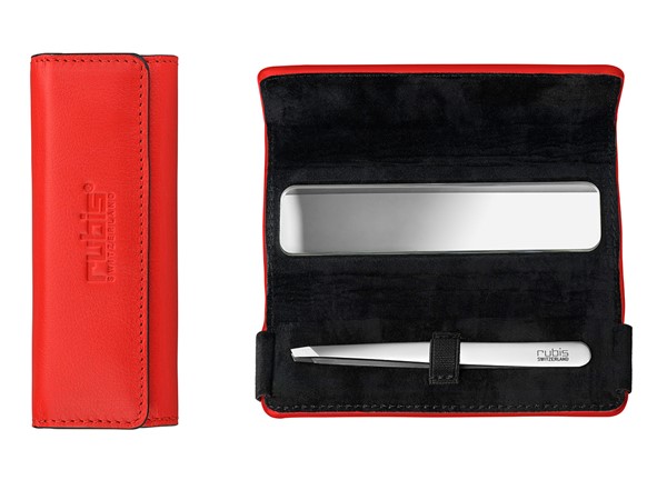 Genuine leather red case w/mirror and tweezers shiny steel