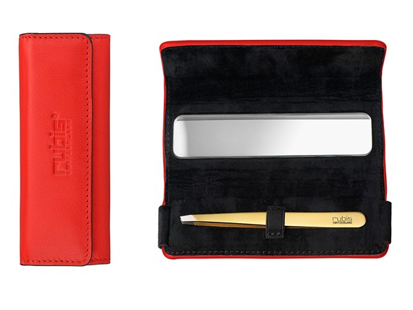 Genuine leather red case  w/mirror and tweezers shiny gold